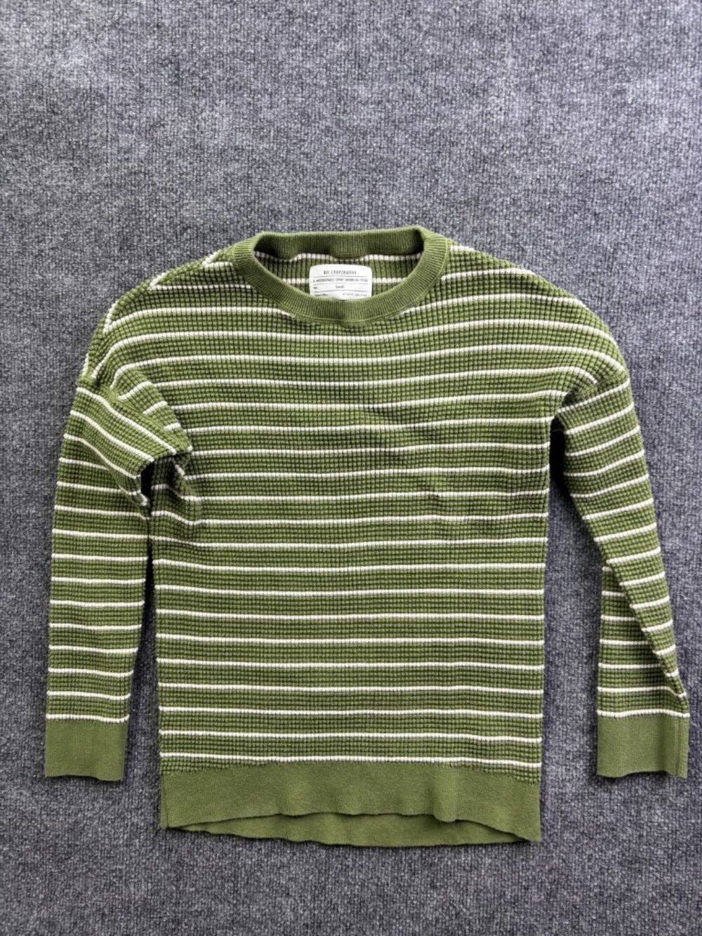 REI Cooperative Sweater Womens Small Green Stripe Waffle Knit Crewneck Pullover